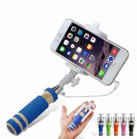 Wholesale Mini Foldable Self Stick Monopod Wired Selfie Stick Cable Extendable Built in Shutter Stick For iPhone X Samsung huawei xiaomi Sticks