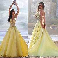 Wholesale Gorgeous Tulle Satin Sweetheart Neckline A line Formal Dresses With Lace Appliques Yellow See Through Prom Dress Beach Evening Gowns