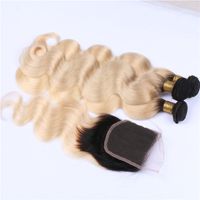 Wholesale B Blonde Ombre Peruvian Human Hair Bundles With Closure Dark Roots Golden Blonde Ombre x4 Lace Closure With Weaves
