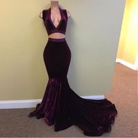 Wholesale Two Pieces Velvet Stunning V Neck Grape Mermaid Prom Dress High Quality Stretch Fabric Hug Curves Evening Gowns Sweep Train Party Dresses