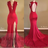 Wholesale Hot Sale Red Sexy Plunging V Neck Mermaid Prom Dresses Lace Appliqued Sequins High Split Evening Gowns Sexy Open Back Cheap Long
