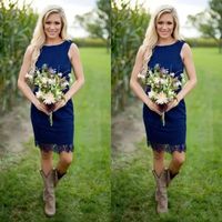 Wholesale Royal Blue Sheath Lace Country Style Bridesmaid Dresses Cheap Jewel Zipper Back Knee Length for Western Wedding Custom Made