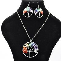 Wholesale Women Rainbow Chakra Amethyst Tree Of Life Quartz Chips Earrings Necklace Jewelry Set Multicolor Wisdom Tree Natural Stone Necklace