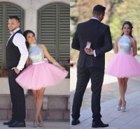 Wholesale 2019 Pink Short Prom Dresses Homecoming Gowns Shiny Sequined Top Tulle Skirts Cocktail Party Dress High Neck Arabic Indian Lovely