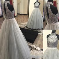 Wholesale 2019 Silver Grey Ball Gown Prom Dresses High Neck Fully Beaded Bodice Tulle Skirt Sexy Open Back Floor Length Prom Party Gowns for Evening