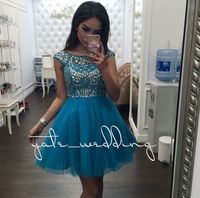 Wholesale Teal Blue Tulle Short Homecoming Dresses Cap Sleeves Silver Crystal Beaded Pleated Pink Black Party Dresses Backless Prom Dresses