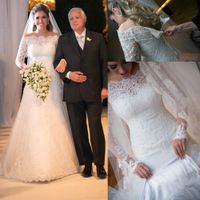 Wholesale White off shoulder long sleeves A line full lace dress modest Applique wedding dresses from china special occasion wedding dresses