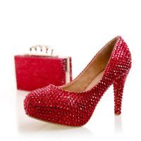 Wholesale Fashion Rhinestone High Heel Shoes Red Color with Matching Bag Wedding Party Shoes Cinderella Prom Pumps Bridal Dress Shoes