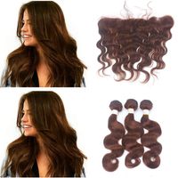Wholesale 9A Chocolate Brown Mink Brazilian Body Wave Virgin Human Hair Bundles With Color Medium Brown Ear To Ear Lace Frontal Closure