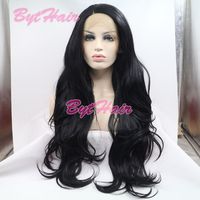 Wholesale Bythair Natural Hairline Glueless Heat Resistant Fiber Hair Wigs For Black Women Long Jet Black Wavy Synthetic Lace Front Wig