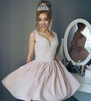 Wholesale Cheap Light pink Short Cocktail Dresses Homecoming Dresses Deep V Neck Sleeveless New Pearl Mine Formal Party Gown Prom Dresses