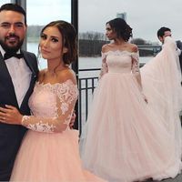 Wholesale Off the Shoulder Bateau Blush Pink Lace Beach Wedding Dresses Long Sleeves A line Tulle Bridal Dresses Vintage Sexy Elegant Wedding Gowns
