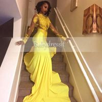 Wholesale Pretty Yellow Lace Appliqued South African Prom Dress Mermaid Long Sleeve Banquet Evening Party Gown Custom Made Plus Size