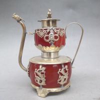 Chinese exquisite handwork Carved Tibetan silver inlay agate teapot