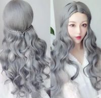 Womens Grey Hair Harajuku Lolita Stil Lange Gewellte Lockige Pony Perucke Perruque Perucken Fur Frauen