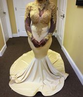 Wholesale High Neck Ivory and Gold Mermaid Long Sleeve Prom Dress Black Girls African Formal Evening Party Gown Custom Made Plus Size