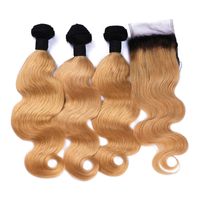 Wholesale 1B Honey Blonde Ombre Brazilian Virgin Hair x4 Lace Closure With Body Wave Dark Roots Strawberry Blonde Ombre Human Hair Weave Bundles