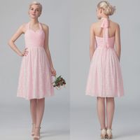 Wholesale Cheap A Line Halter Knee Length Lace pink Beach Bridesmaid Dresses Halter Ruched Best Selling Sexy Reception Wedding Party Dresses