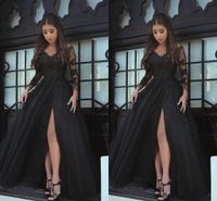 Wholesale 2019Modern Sheer Long Sleeves Evening Dresses Black Applique Lace Thing High Split Prom Dress Custom Made Formal Party Gowns