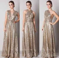 Wholesale 2016 Cheap Sparkly Convertiable Gold Sequins Bridesmaid Dress A Line Floor Length Long Custom Made Maid Of Honor Evening Prom Dress