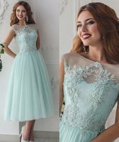 Wholesale 2019 scoop Neck A line Tea Length applique tulle back lace up Dresses Mint Vintage Prom Party Dresses homcoming