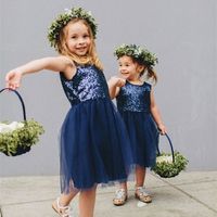 Wholesale Navy Blue Sequined Flower Girls Dresses For Wedding A Line Jewel Neck Birthday Gown Knee Length Tulle First Communion Dress