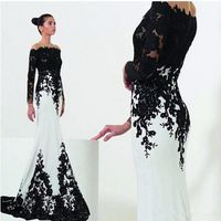 Wholesale New White and Black Evening Dresses Sleeves Mermaid Style Sweep Train Lace Off the shoulder Formal Gowns Dresses Custom Made Hot Sales E101