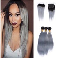 Wholesale Two Tone b Grey Brazilian Virgin Hair Weave Lace Closure With Bundles Straight Human Hair Extensions Ombre Silver Gray Hair With Closure