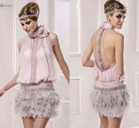 Wholesale Vintage Great Gatsby Pink High Neck Short Prom Formal Dresses with Feather Sparkly Beaded Backless Cocktail Party Occasion Gown