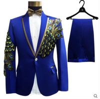 Wholesale jacket pants bow tie belt fashion suits set groom wedding prom party red black blue slim costumes blazers flower formal dress show bar