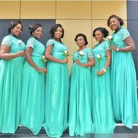 Wholesale 2020 South African Mint Green Long Bridesmaid Dresses Dubai Sheer Crew Neck Short Sleeves Cheap Plus Size Maid of Honor Dresses BM0145