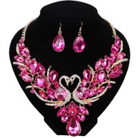 Wholesale Luxury Gold Plated Rose Red Crystal New Collier Femme Double Swan Statement Necklace Earring For Women Party Wedding Jewelry Sets