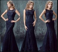 Wholesale 2019 Navy Blue Lace Evening Dresses Elegant Scoop Neckline Sleeveless Sweep Train Vintage Backless Mermaid Formal Prom Gowns Custom E202