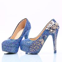 Wholesale Royal Blue AB Crystal Wedding Dress Shoes with Phoenix Women High Heels for Party Rhinestone Bride Shoes Cinderella Prom Pumps