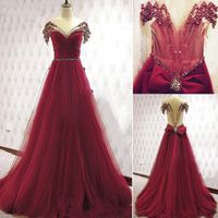 Wholesale Wine Red prom Dresses Sexy Sheer Neck Long pleats Tulle with beading Sweep train Long Dreses Evening Wear with Big Bow