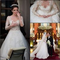 Wholesale Line With Beads Button Back Formal Bridal Gowns Romatic Sparkly Long Sleeves Wedding Dresses Lace Appliques Vestido de Noiva