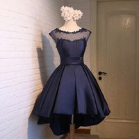 Wholesale Scoop Neck Lace Satin High Low Cocktail Dress Lace Up Elegant Prom Dress Navy Blue Pink Red Party Dress