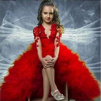 Wholesale 2021 New Girls Pageant Dresses For Teens Dark Red Lace Appliques Long Sleeves Hi Lo Tiered Ruffles Size Party Children Flower Girl Gowns