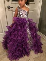Wholesale 2020 Fashion Silver and Purple Girls Pageant Dresses One Shoulder Diamonds Sequins Ruffles Organza Girls Party Gowns Custom Size