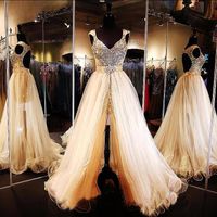 Wholesale Luxury Sequins Beaded Prom Pageant Dresses With Detachable Train Open Backless See Through Evening Dresses Formal Party Gown