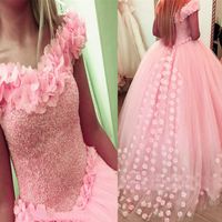 Wholesale Blush Pink Hand Made Flower Wedding Dresses Ball Gowns With Sequins Beaded Corset Bridal Gowns with Color vestido de noiva