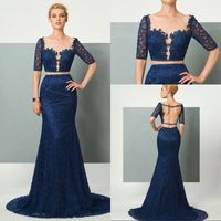 Wholesale Mermaid Jewel Sweep Train Royal Blue Lace Two Pieces Evening Lace Dresses Half Sleeve Beaded Sheer Back Prom Evening Gowns