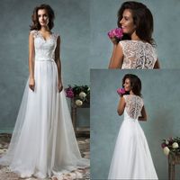 Wholesale Hot Selling A Line V Neck White Tulle Lace Sheer Back Beach Wedding Dresses Appliques Lace Low Price Sexy Bridal Gowns For Wedding