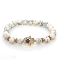 Wholesale mm White Turquoise Natural Stone Beads Fatima Hand Hamsa Stretch Elastic Mens Bracelet