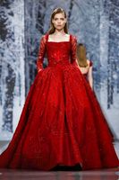Wholesale Sparkly Luxury Red Crystal Evening Pageant Formal Dresses with Long Sleeves Modest Ziad Nakad Square Puffy Skirt Prom Gowns Plus Size