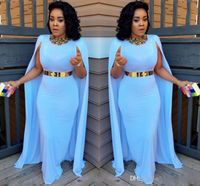Wholesale Light Blue Plus Size Cape Style Evening Dresses Sheath Floor Length Evening Gowns Aso Ebi South African Women Formal Party Dresses