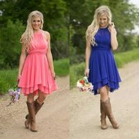 Wholesale Cheap Country Coral Watermelon Blue Bridesmaid Dresses Chiffon Short Wedding Guest Wear Party Dresses Maid of Honor Gowns Under