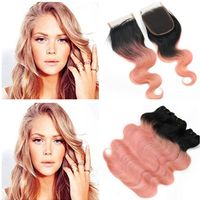 Wholesale Two Tone B Rose Gold Ombre Human Hair Weaves with Top Closure Rose Pink Ombre Virgin Malaysian Hair Bundles with x4 Lace Closure