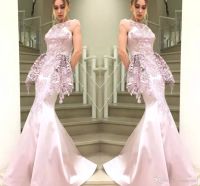 Wholesale 2021 Modern vestido de festa Mermaid Prom Dresses Formal Illusion Cap Sleeves Lace Appliqued Scoop Neck Long Dress Evening Wear With Peplum