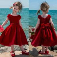 Wholesale 2019 Tea Length Cute Red Flower Girl Dress Baby Girl Pageant Dresses for Toddler Kids Party Dress Short Communion Gowns With Big Bow Back